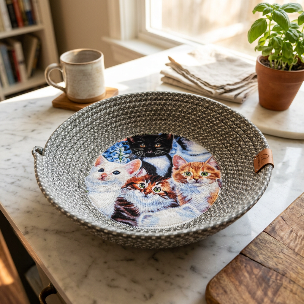 Gray White Kitten Rope Bowl Lifestyle