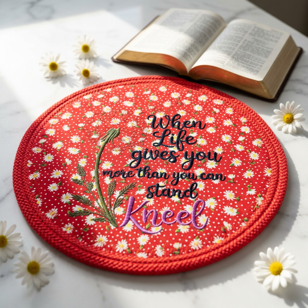 Embroidered rope placemat with inspirational kneeling prayer design, styled on white marble with daisies and soft natural window light