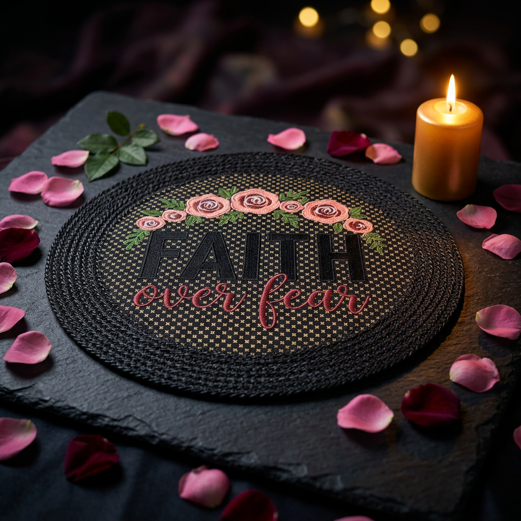Embroidered rope placemat with Faith Over Fear design, styled on dark moody slate with rose petals and candlelight