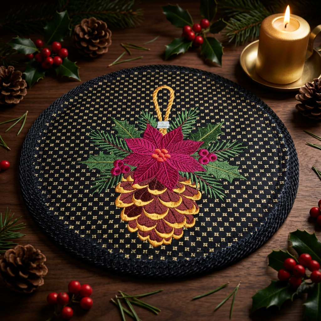 Embroidered rope placemat with poinsettia and pine cone holiday design, styled on dark wood with pine needles, holly berries, and golden candlelight