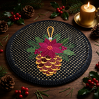 Embroidered rope placemat with poinsettia and pine cone holiday design, styled on dark wood with pine needles, holly berries, and golden candlelight