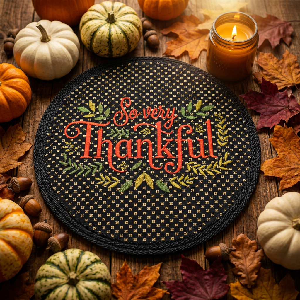 Embroidered rope placemat with So Very Thankful design, styled on rustic wood with autumn leaves, pumpkins, and warm amber candlelight