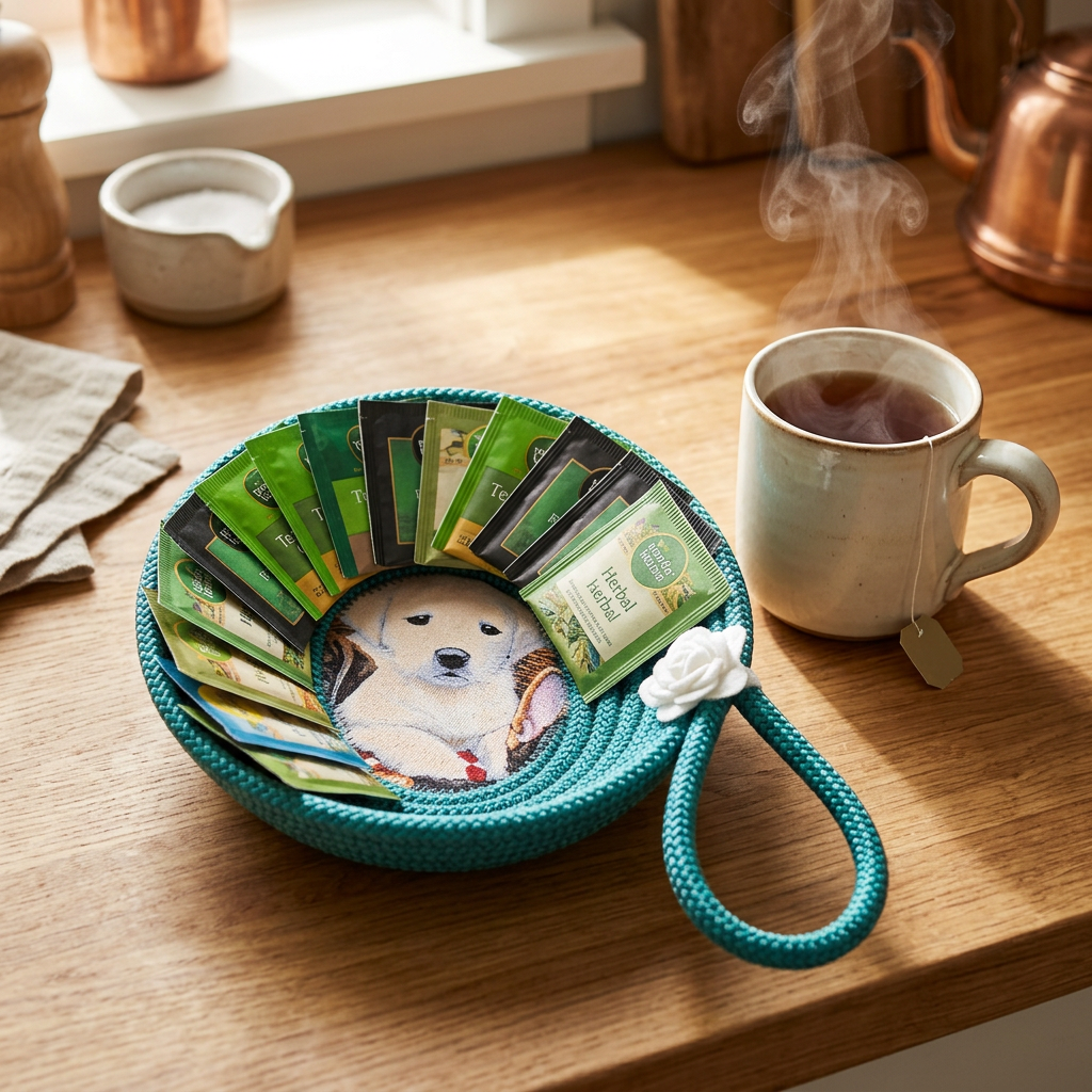 White Puppy Bowl Tea Bags Flat